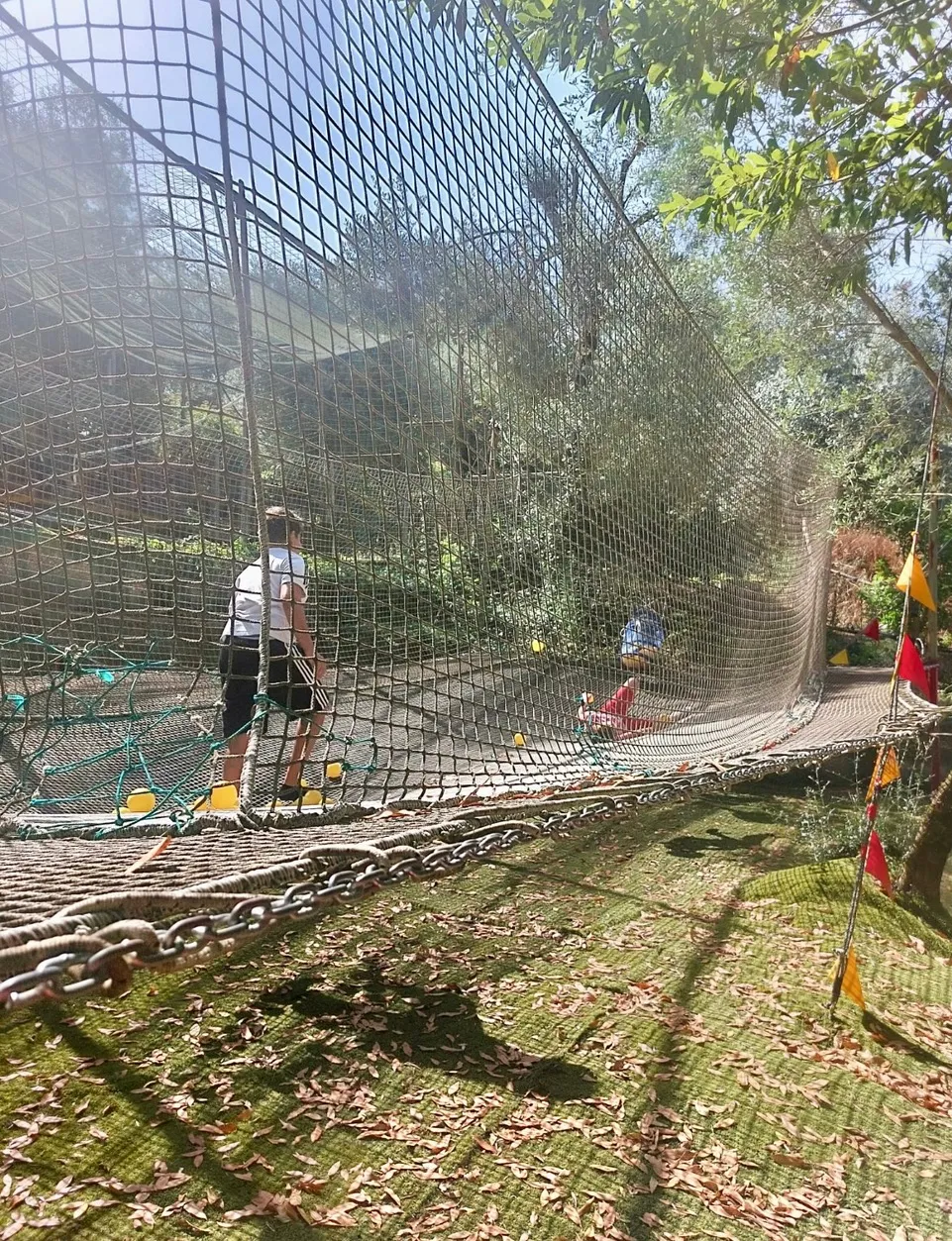 Bambini sulla rete sospesa del parco avventura